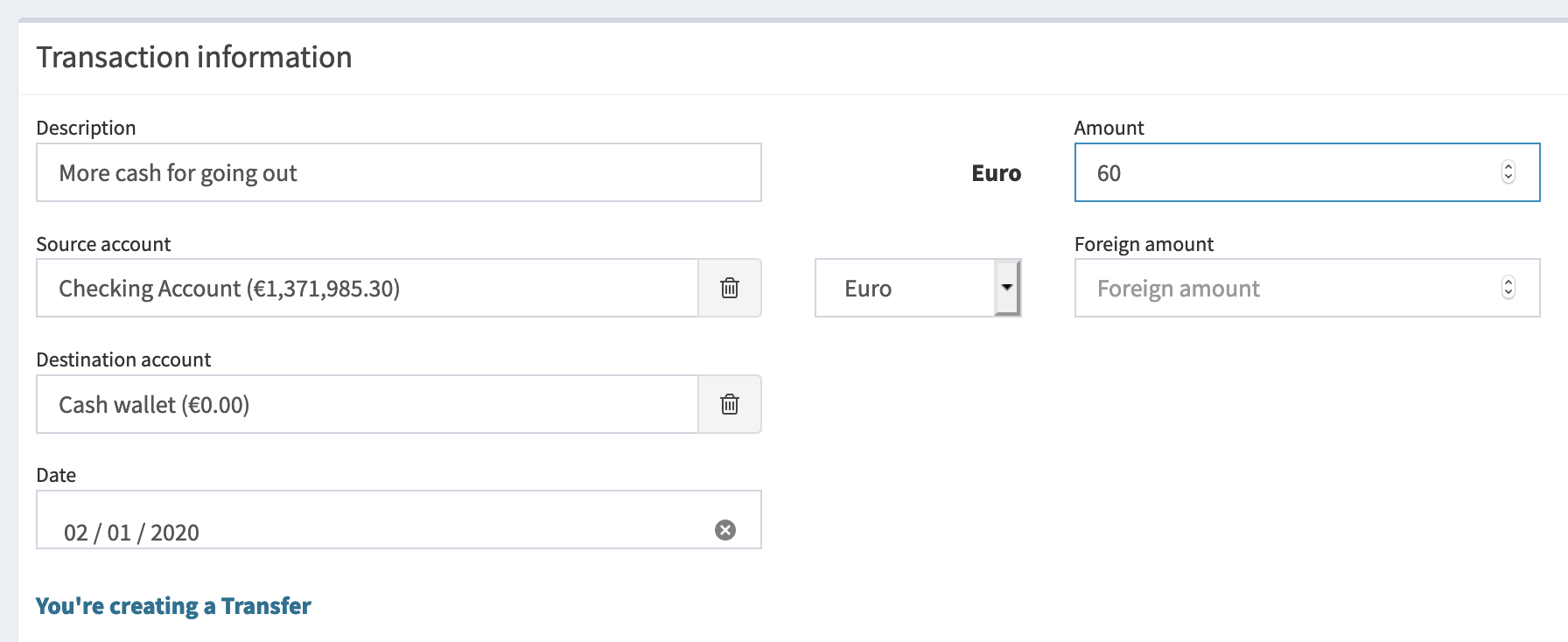 Making a new transaction for a cash wallet.