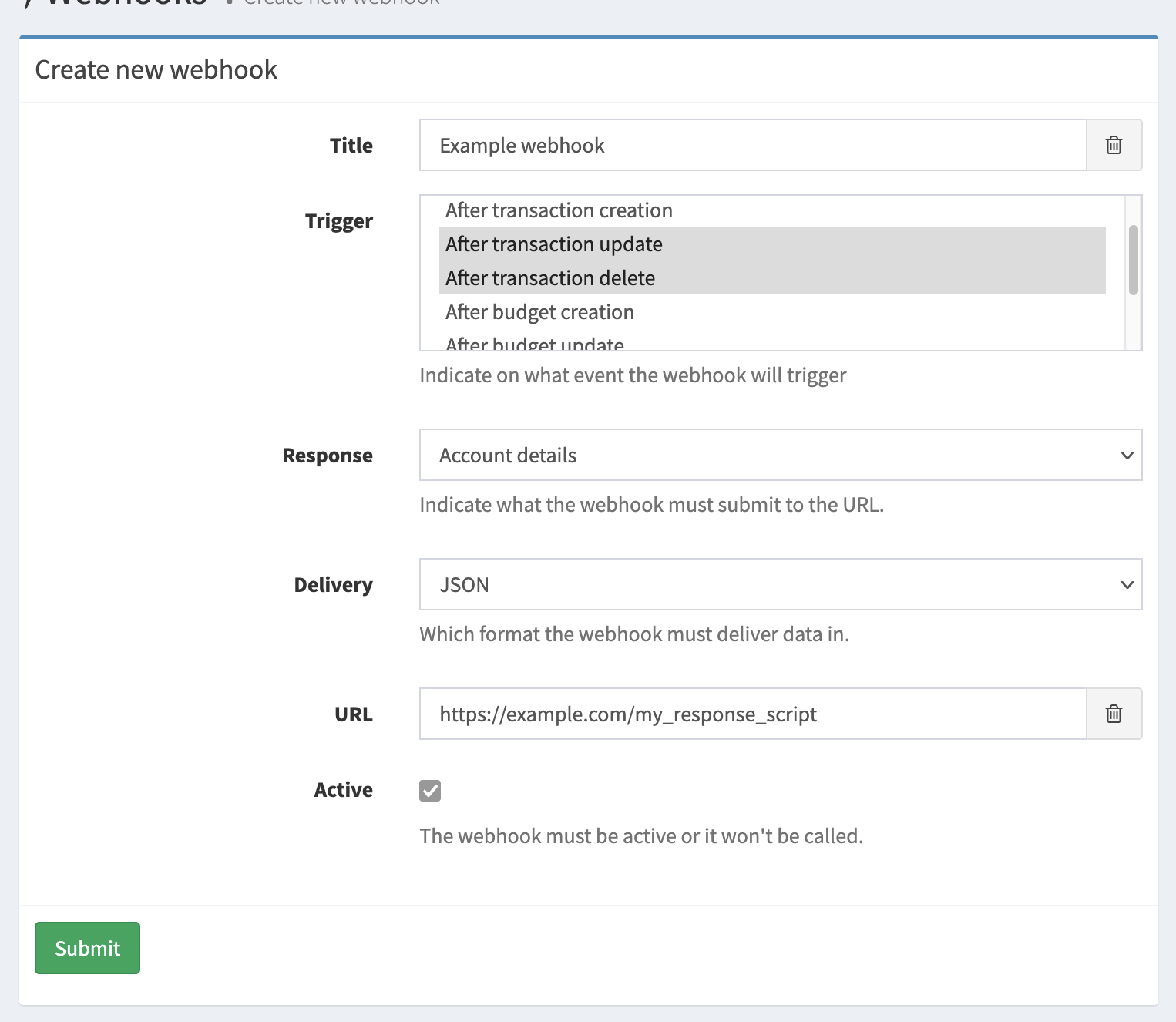 Creating a new webhook